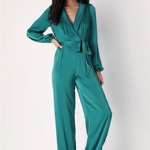 Certainly Chic Emerald Green Satin Long Sleeve Wide-Leg Jumpsuit